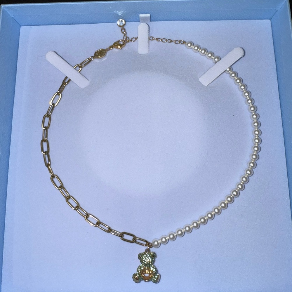 Swarovski Gold and Pearl Teddy Bear Pendant Necklace - Picture 2 of 4
